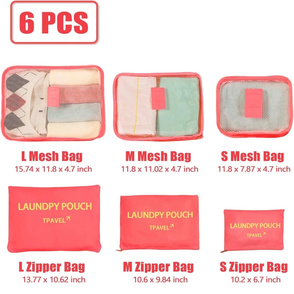 6pc Travel Organizer Pouch Set - Watermelon Pink - Picture 2 of 4